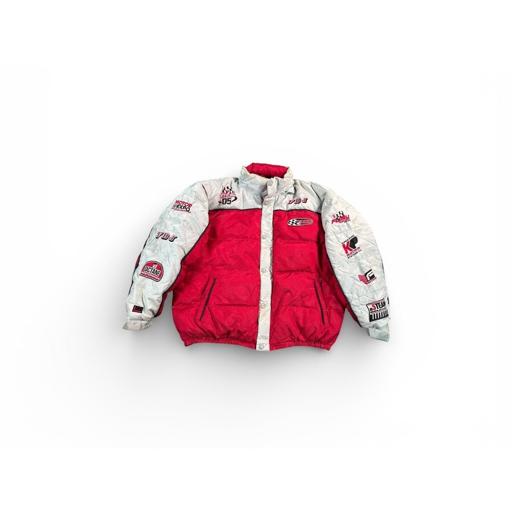 Vintage‎ FUBU Jacket Mens 3XL Red Gray Racing Down Puffer Embroidered Motorsport